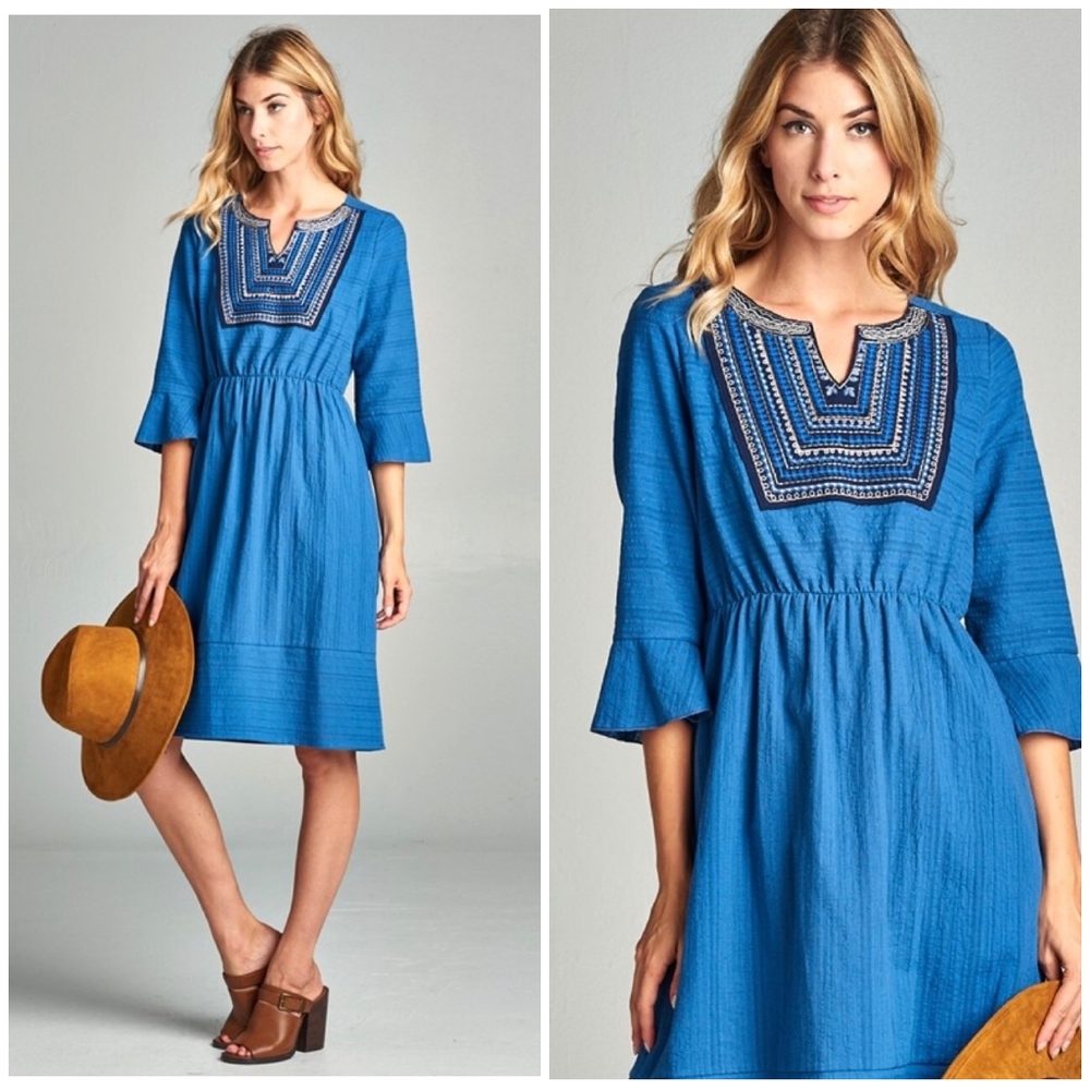 Feminine Boho Chic Blue 3/4 Sleeves Dress - Picture 4 of 4